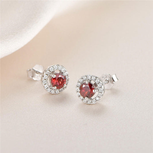 White Gold Ruby Gem Full Stones Circle Stud Earrings