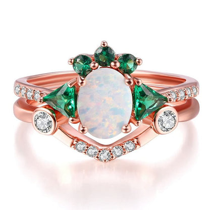 Opal White Zircon Emerald Double Rose Gold Ring