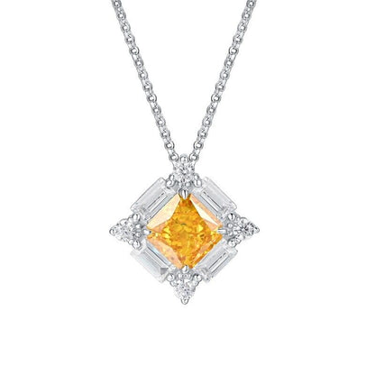 White Gold Square Cut Yellow Gem Halo Pendant Chain