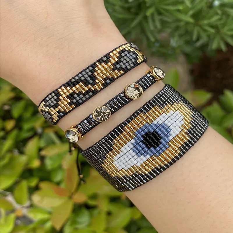 Vintage Leopard Rice Beads Handwoven Boho Evil Eye Bracelet