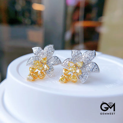 Luxury Micro Pave Asscher Yellow Zircon Flower Stud Earrings