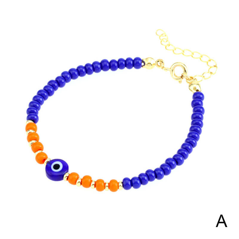 Mixed Colored Glass Rice Beads Handmade Beaded Overlay with Colored Devil's Eye Resin Beads String Bracelet