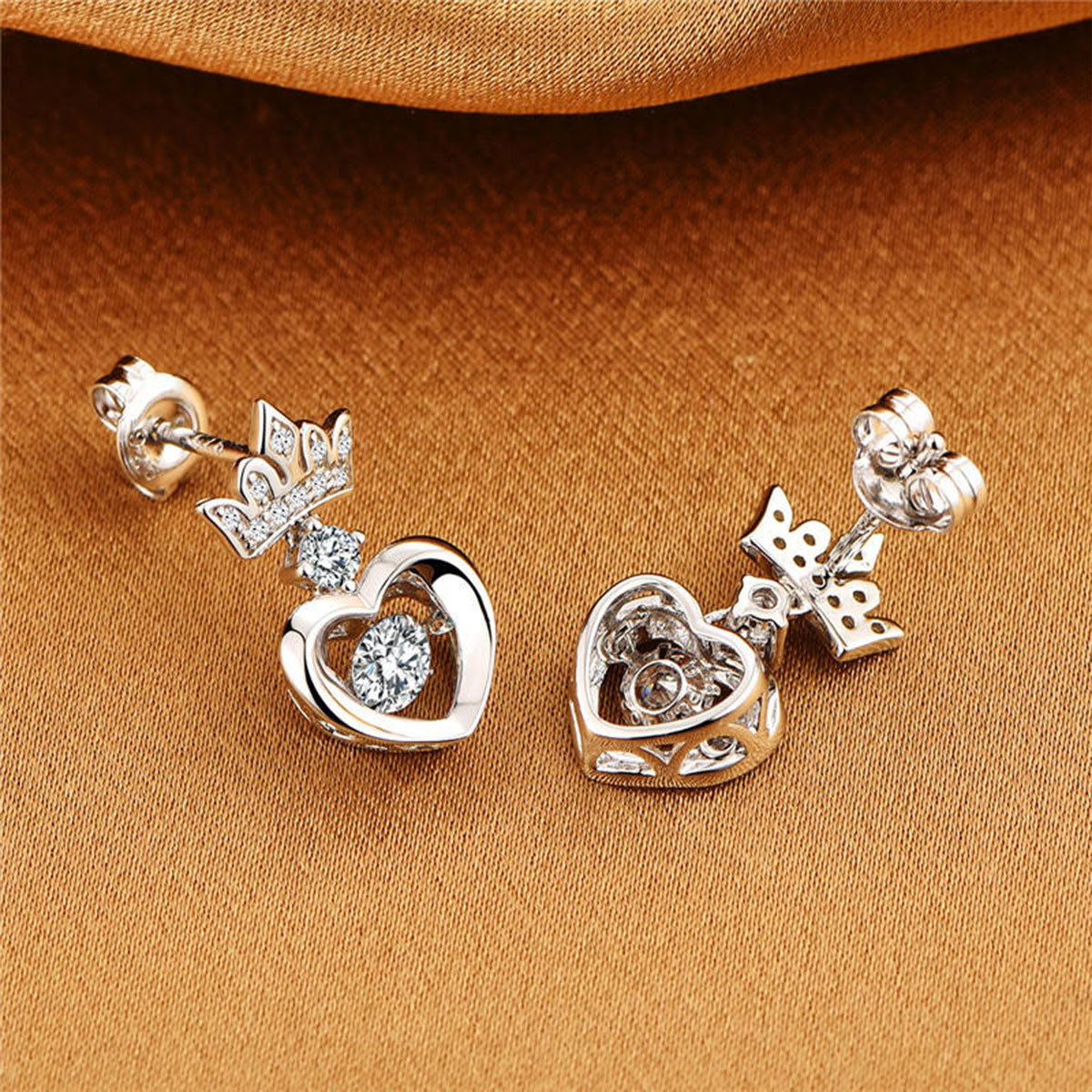 White Gold Crown Beating Heart Hollow Drop Earrings