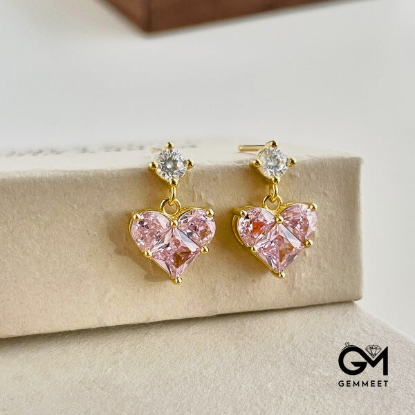 S925 Sterling Silver Pink Heart White Zircon Splicing Earrings