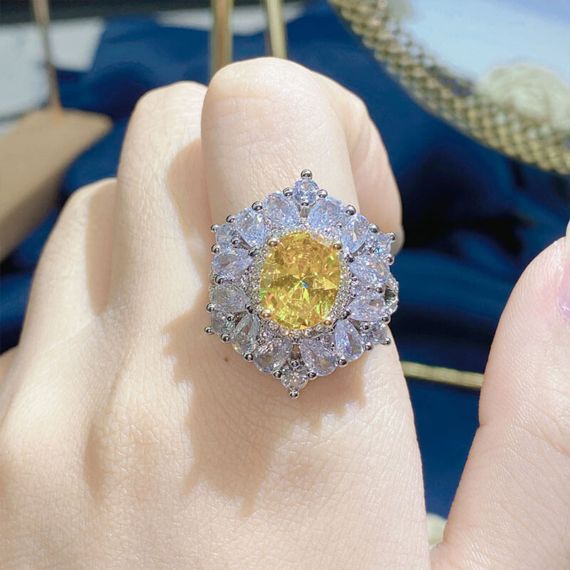 New High-end Luxury Carat Big Pigeon Egg Inlaid Synthetic Asscher Yellow Diamond Colored Gemstone Ring