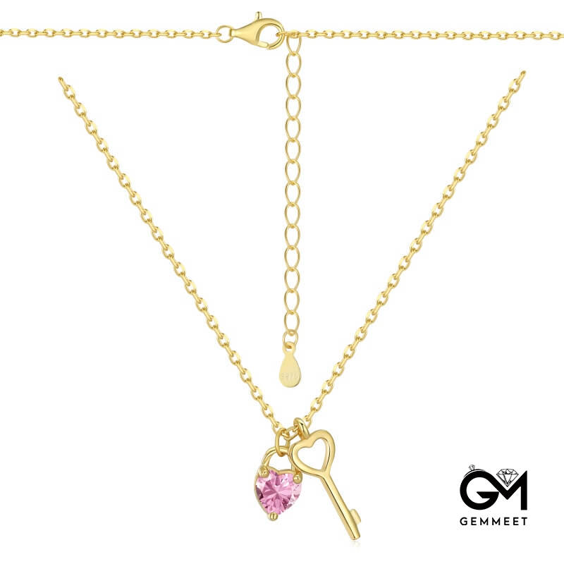 S925 Sterling Silver Pink Heart Zirconia Hollow Key Necklace