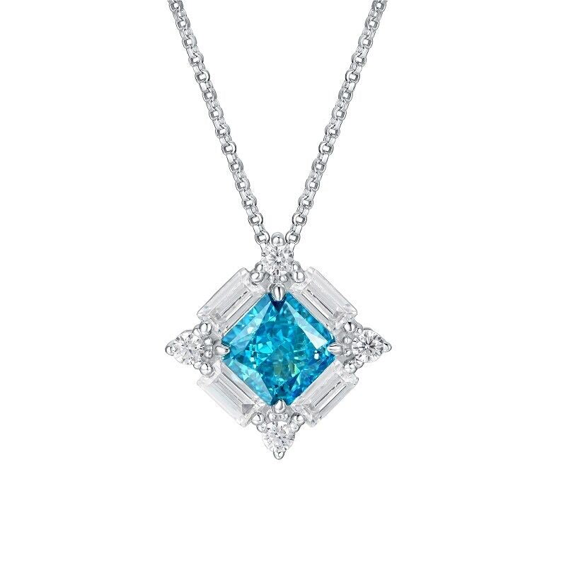 White Gold Square Cut Blue Gem Halo Pendant Chain