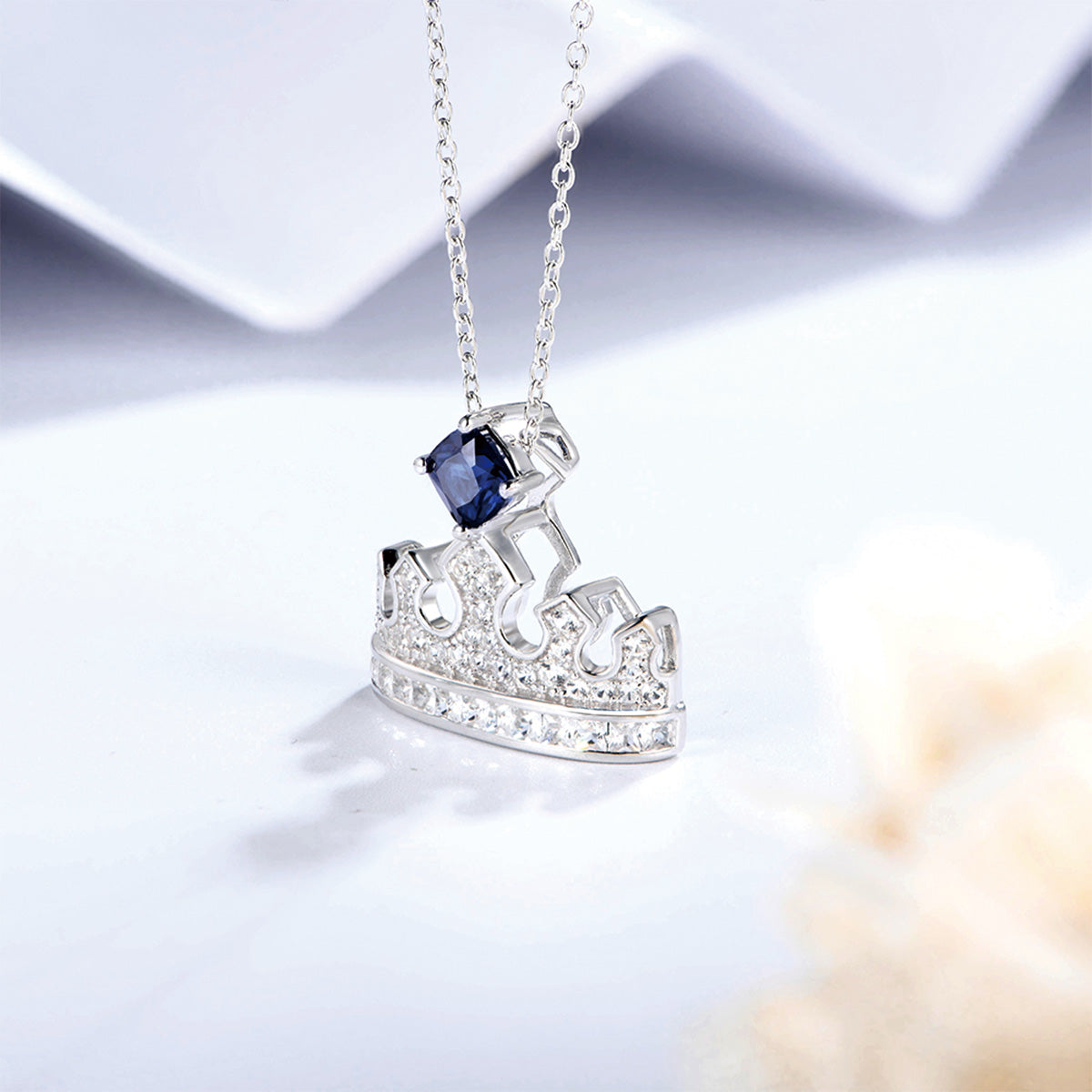 Sterling Silver Necklace with Square Blue Sapphire Full Diamond Crown Pendants