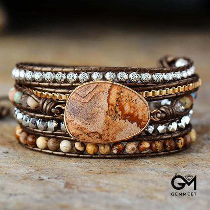 Pictured Stone 5 Circle Wrap Leather Bracelet