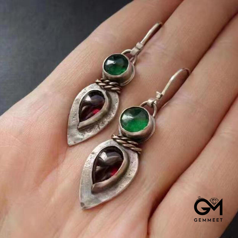 Vintage Round Drop Red Green Zircon Earrings