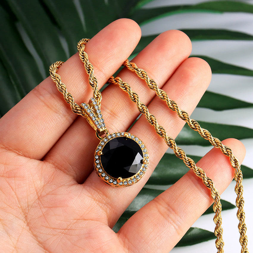 Retro Black Stone Halo Pendant Necklace