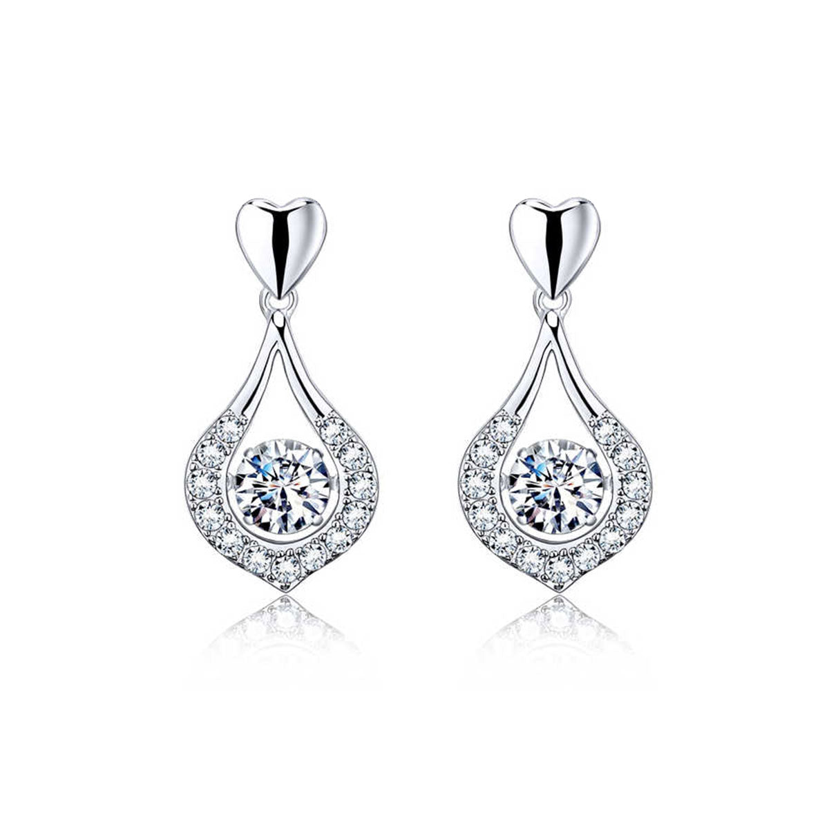 White Gold Drip Shape Full Stones Beating Heart Drop Earrings