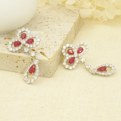 White Gold Ruby Iris Shape Hollow Drop Earrings