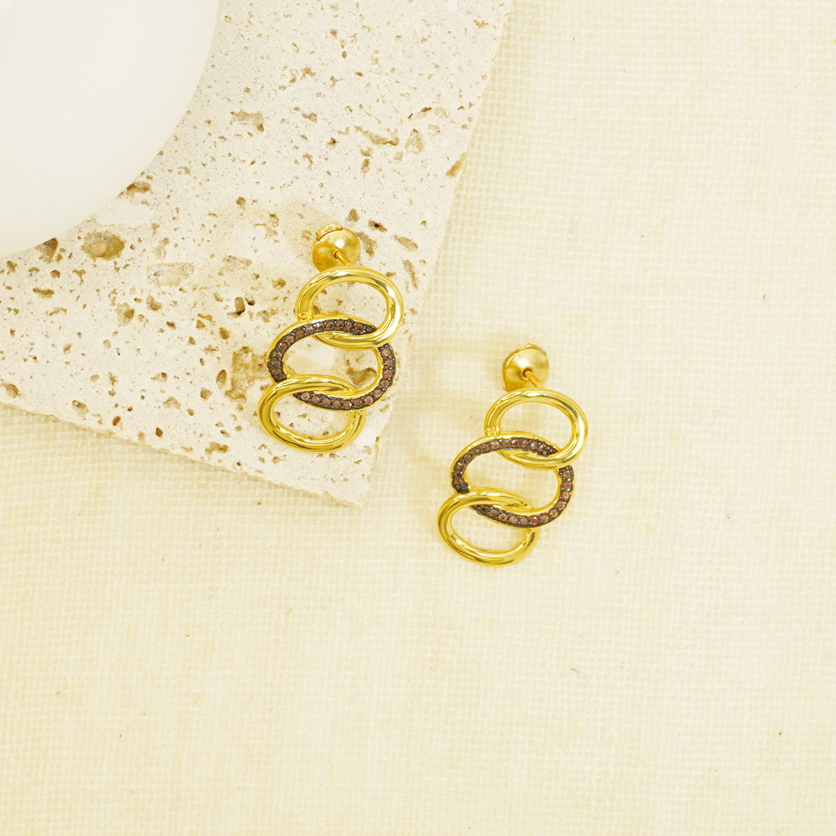 Gold Hammered Triple Brown Stones Hoop Earrings