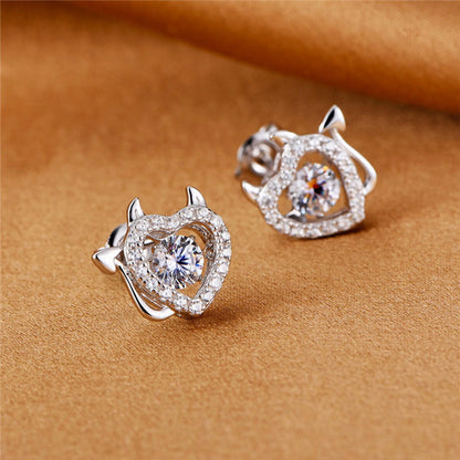 White Gold Little Demon Heart Shape Beating Hollow Stud Earrings