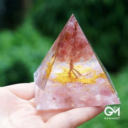 Tree of Life Strawberry Quartz With Rose Quartz Orgone Pyramid