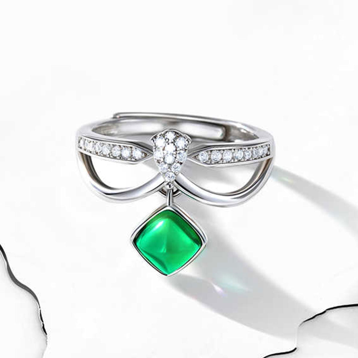 White Gold S925 Dangle Drip Emerald Hollow Adjustable Ring