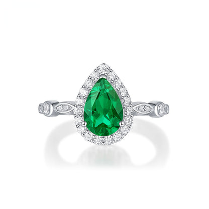 White Gold Drip Shape Emerald Halo Ring