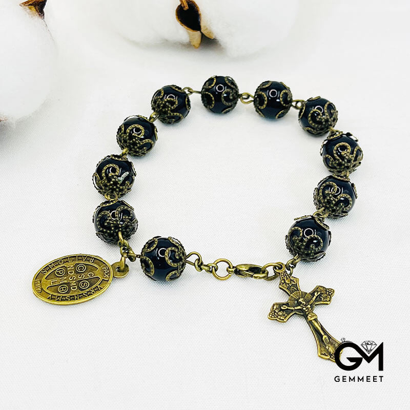 Obsidian Holy Medal Cross Rosary Bracelet