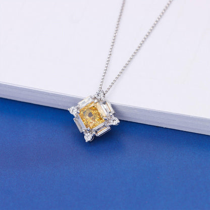 White Gold Square Cut Yellow Gem Halo Pendant Chain