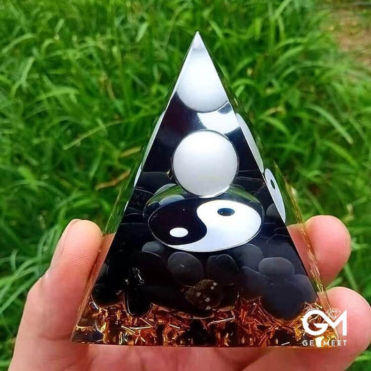 Obsidian with White Jade Healing Orgone Pyramid