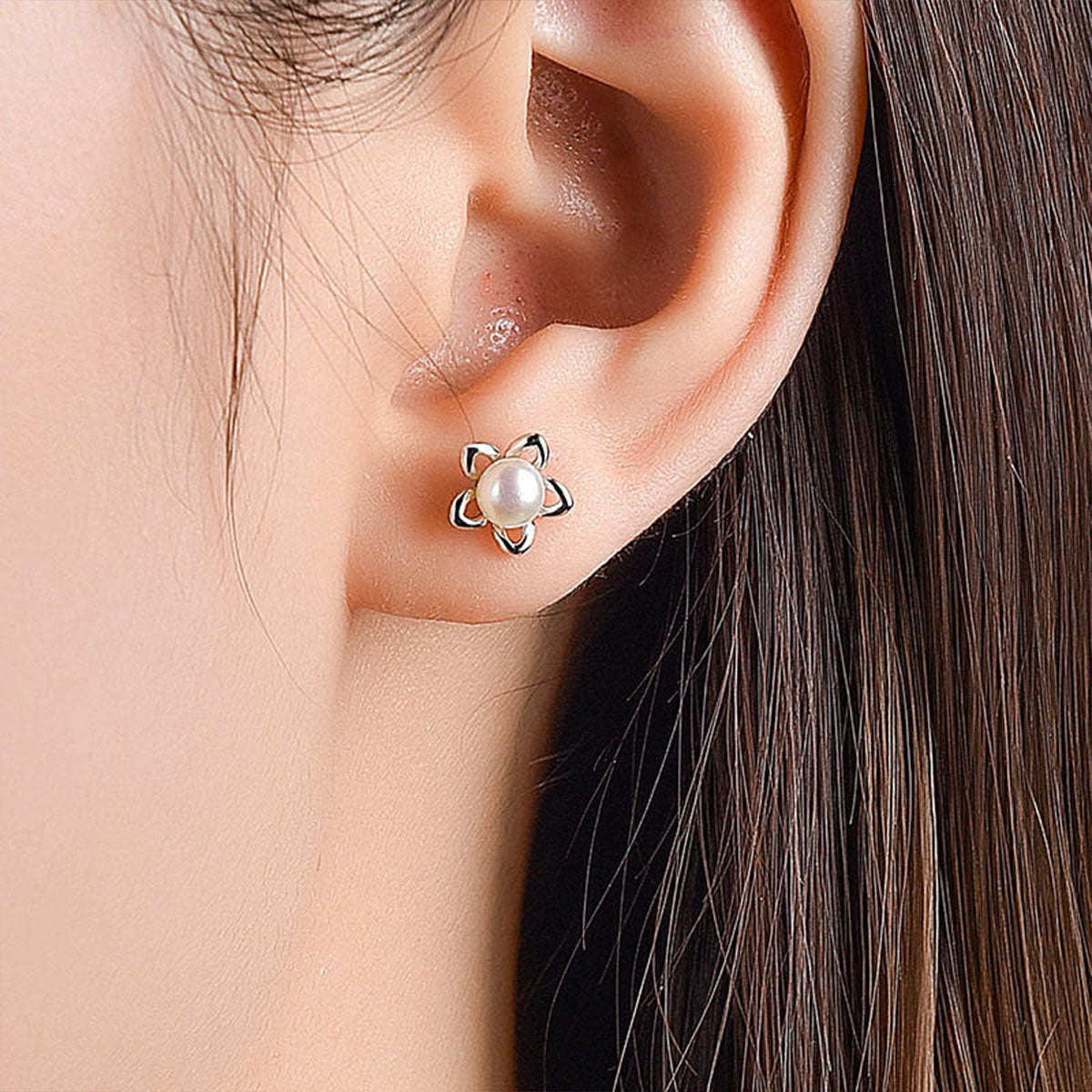 White Gold Organic Pearl Hollow Flower Shape Stud Earrings