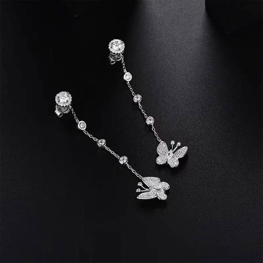 White Gold Butterfly Link Chain Drop Earrings