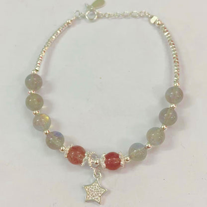 Strawberry Quartz Moonstone Luck Moon Star Charm Bracelet