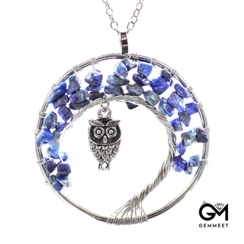 Crystal Wrapped Silk Tree of Life Owl Necklace