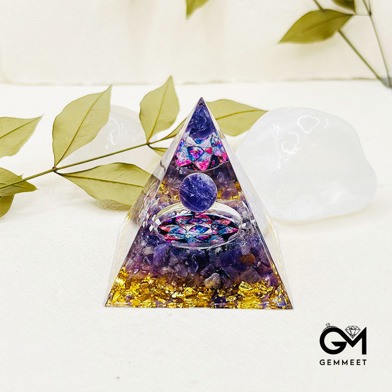 Amethyst Sphere with Crystals Orgone Pyramid