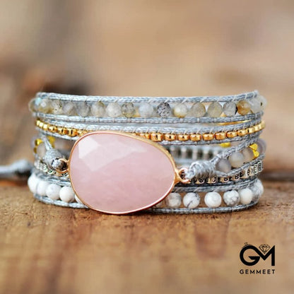 Delicate Rose Quartz & White Turquoise Hand-knitted Wrap Bracelet