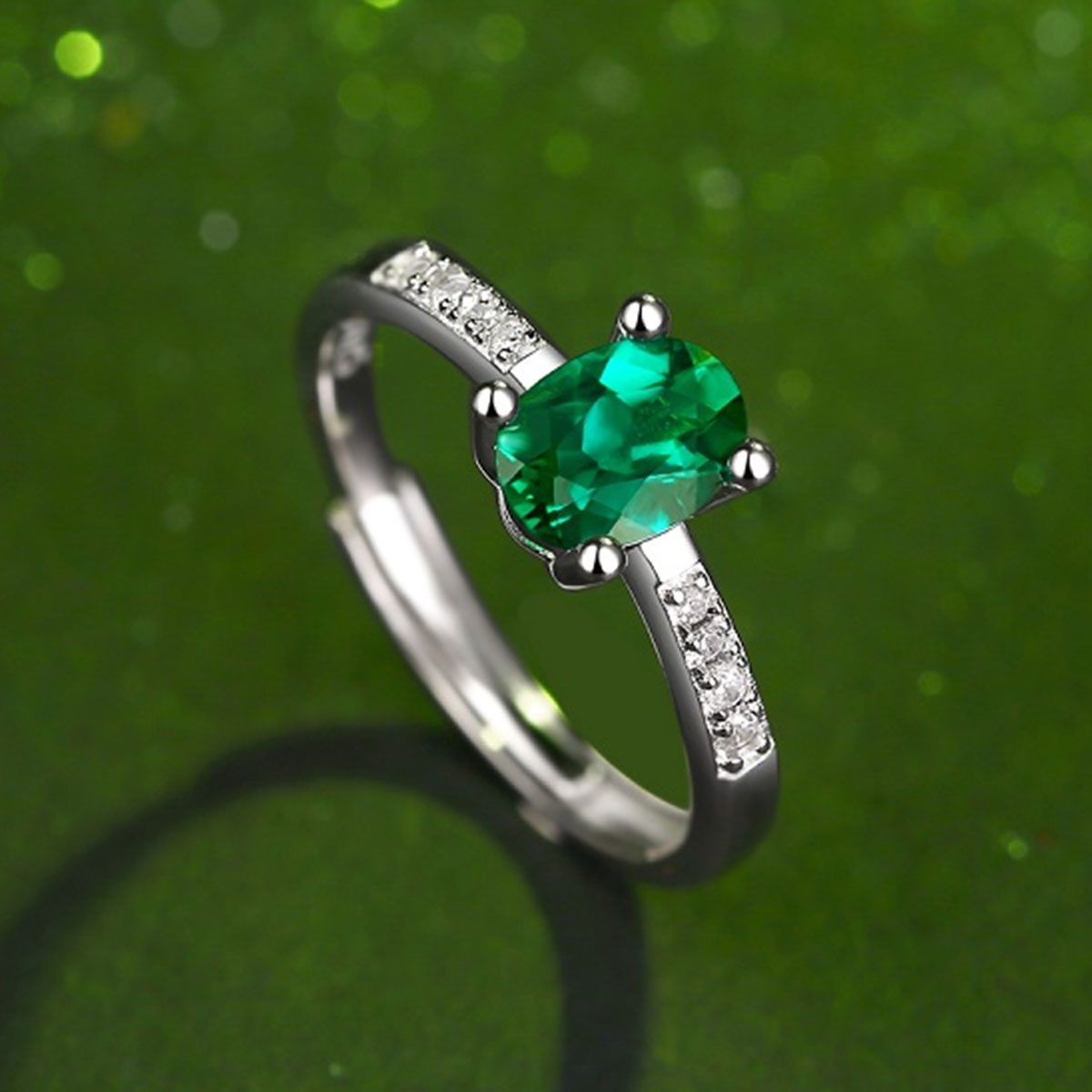 White Gold Oval Cut Emerald Adjustable Ring