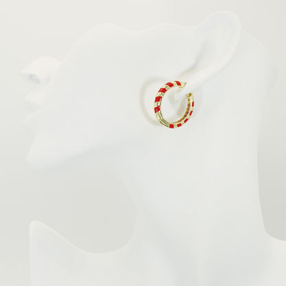 Red Stripe Round Gold Hoop Earrings for Women