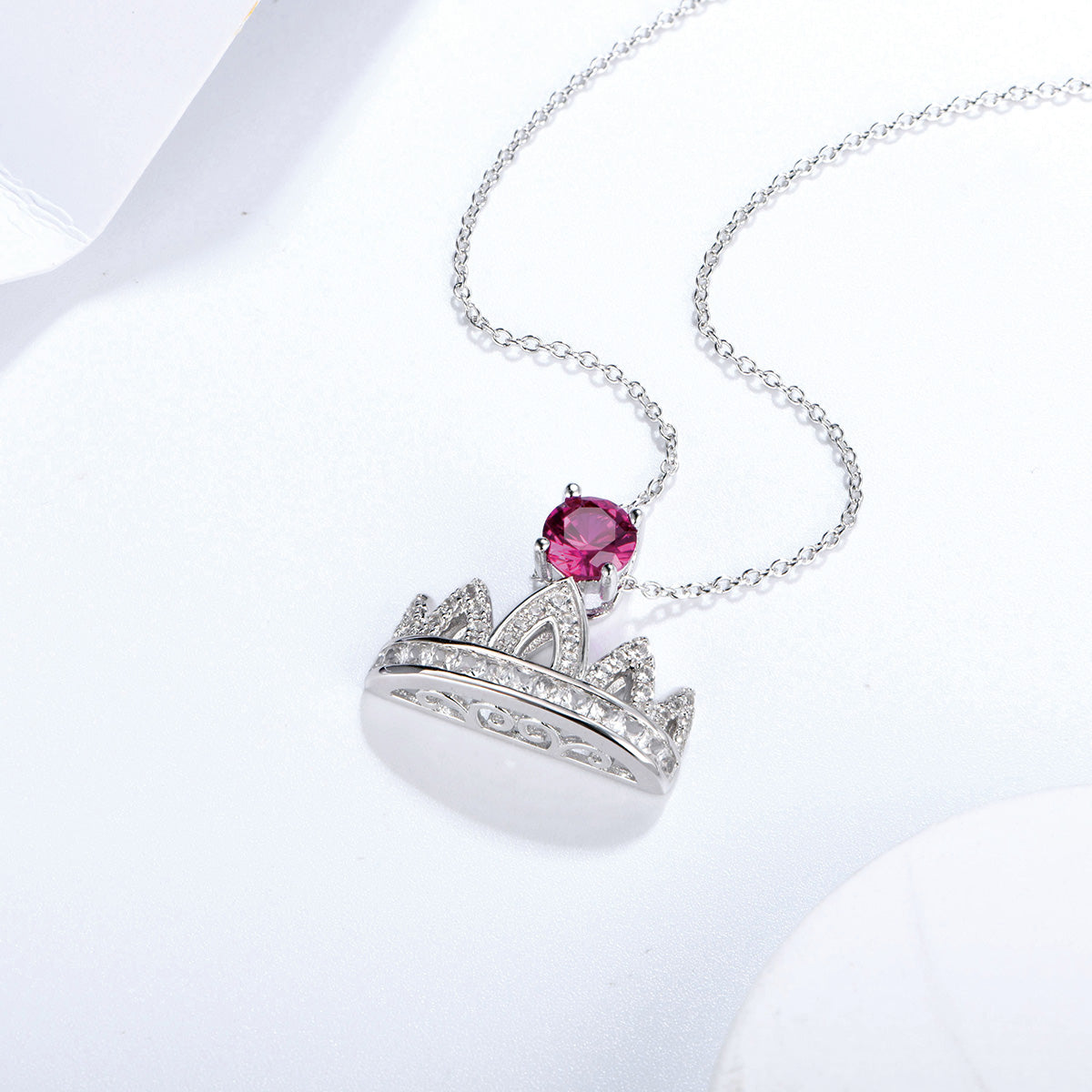 Sterling Silver Necklace with Ruby Round Stones Full Diamonds Crown Pendants