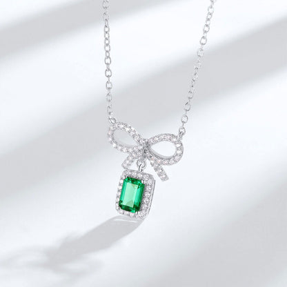 Hollow Bow Tie Emerald Halo Full Stones Pendant Chain