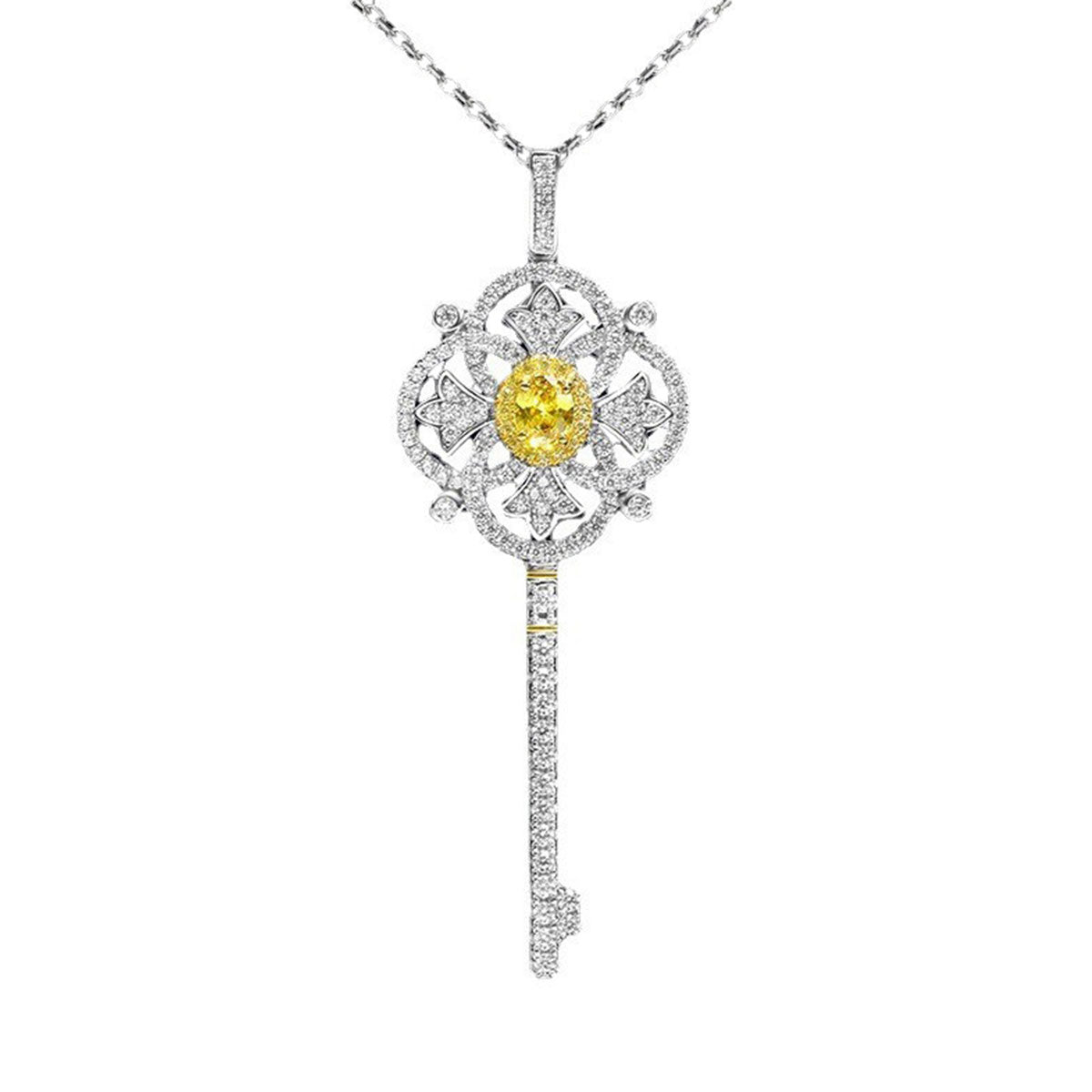 White Gold Yellow Sapphire Four-leaf Clover Key Shape Pendant