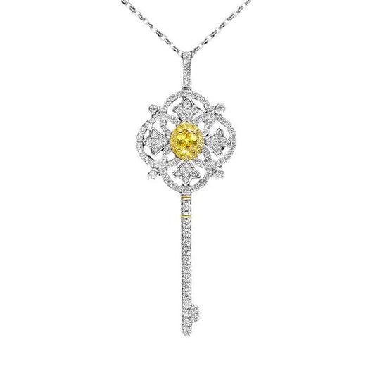 White Gold Yellow Sapphire Four-leaf Clover Key Shape Pendant