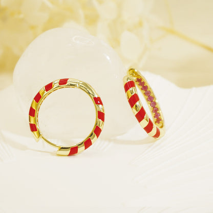 Red Stripe Round Gold Hoop Earrings for Women