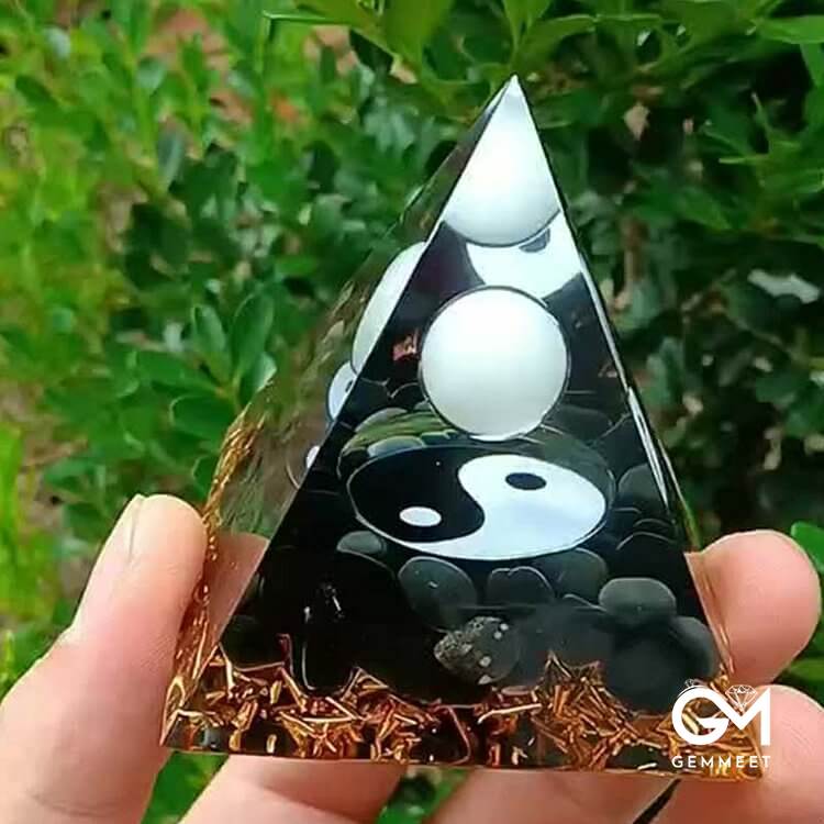 Obsidian with White Jade Healing Orgone Pyramid