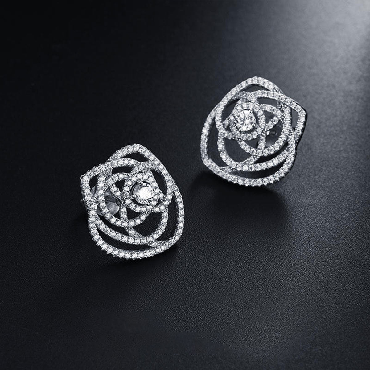 White Gold Rose Shape Full Stones Hollow Stud Earrings