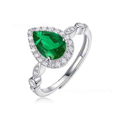 White Gold Drip Shape Emerald Halo Ring