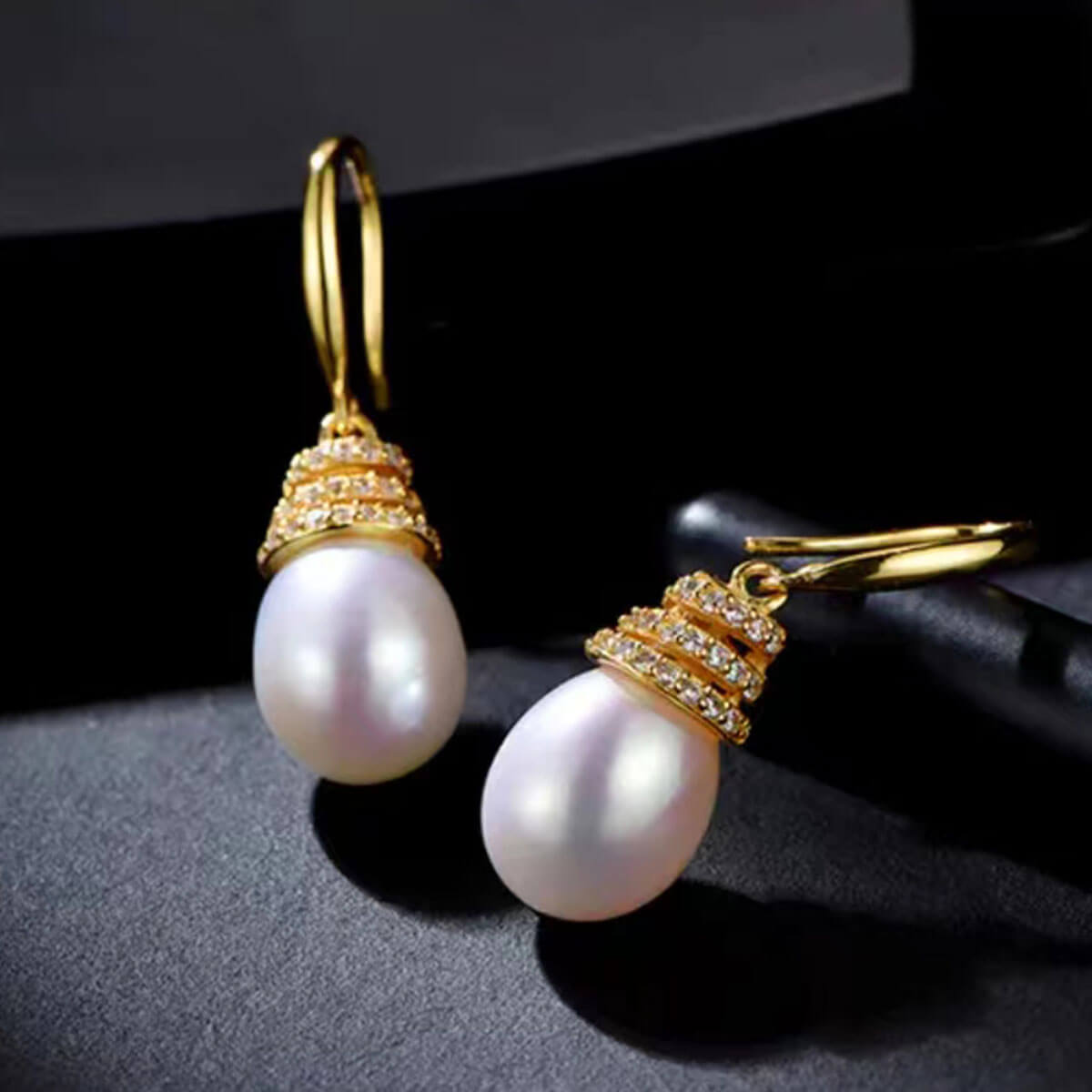 Golden Full Stones Organic Oval Pearl Dangle Earrings