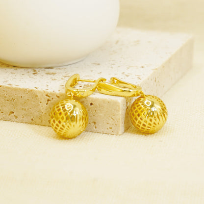 Spherical Hollow Design Ball Gold Dangle Earrings