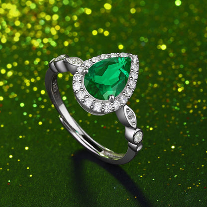 White Gold Drip Shape Emerald Halo Ring