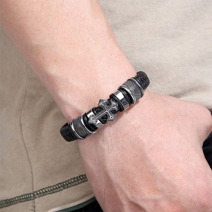 Titanium Steel Cross Leather Braided Bracelet Magnetic Buckle Men's Leather Bracelet