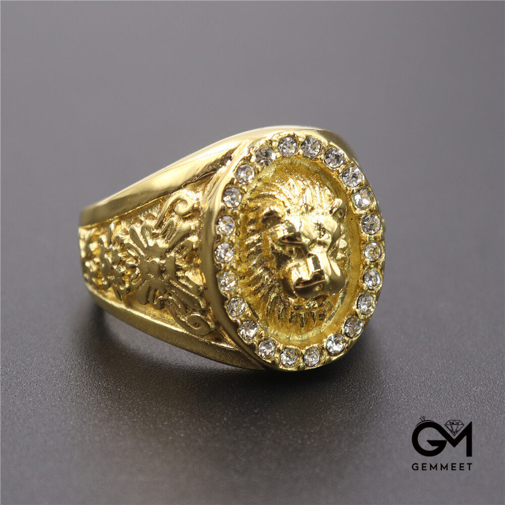 Vintage White Zircon Lion Head Titanium Steel Ring