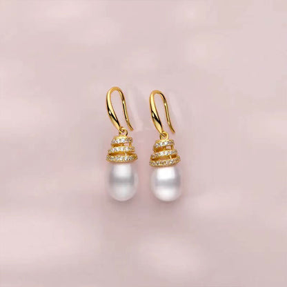 Golden Full Stones Organic Oval Pearl Dangle Earrings