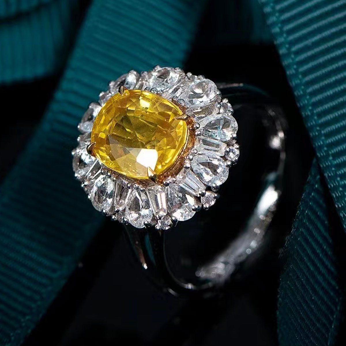 White Gold Emerald Cut Stones Yellow Gem Halo Ring