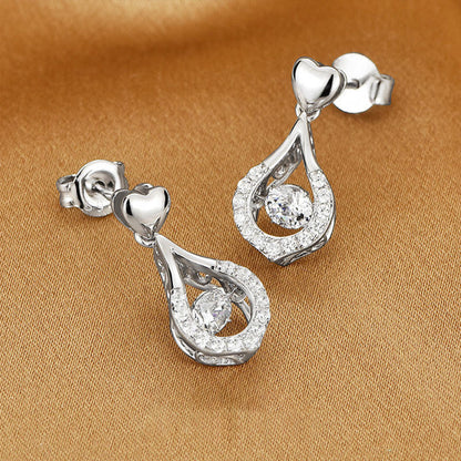 White Gold Drip Shape Full Stones Beating Heart Drop Earrings