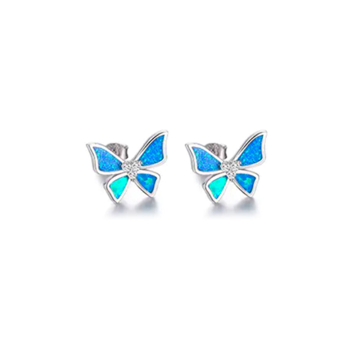 White Gold Butterfly Shape Blue Opal Stud Earrings